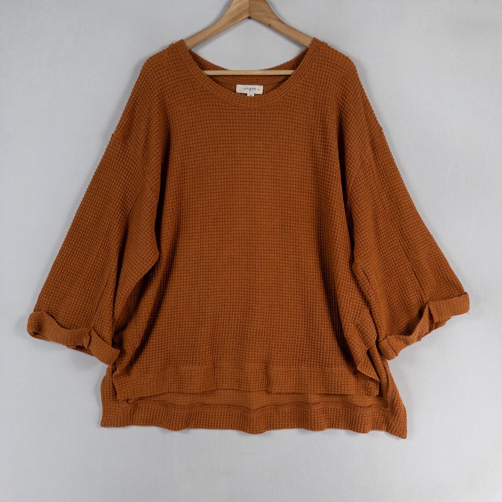 Umgee Waffle Knit Sweater Womens 1XL Rust Orange Stretch Cozy Boho Thermal Top
